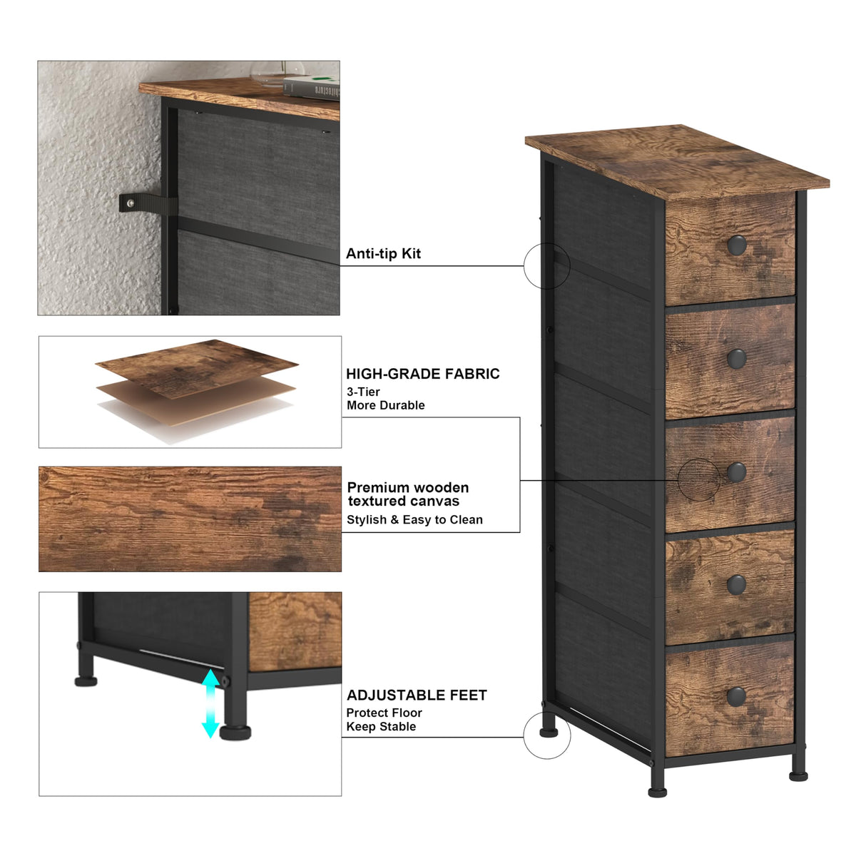 Narrow 5 Drawers Fabric Dresser F91583