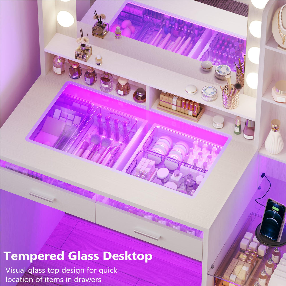 White Vanity Desk with Mirror and Lights F36159