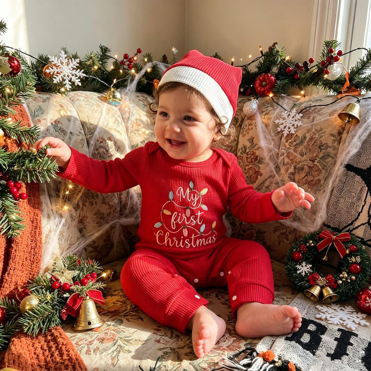Baby Christmas Lights Romper + Santa Hat F968