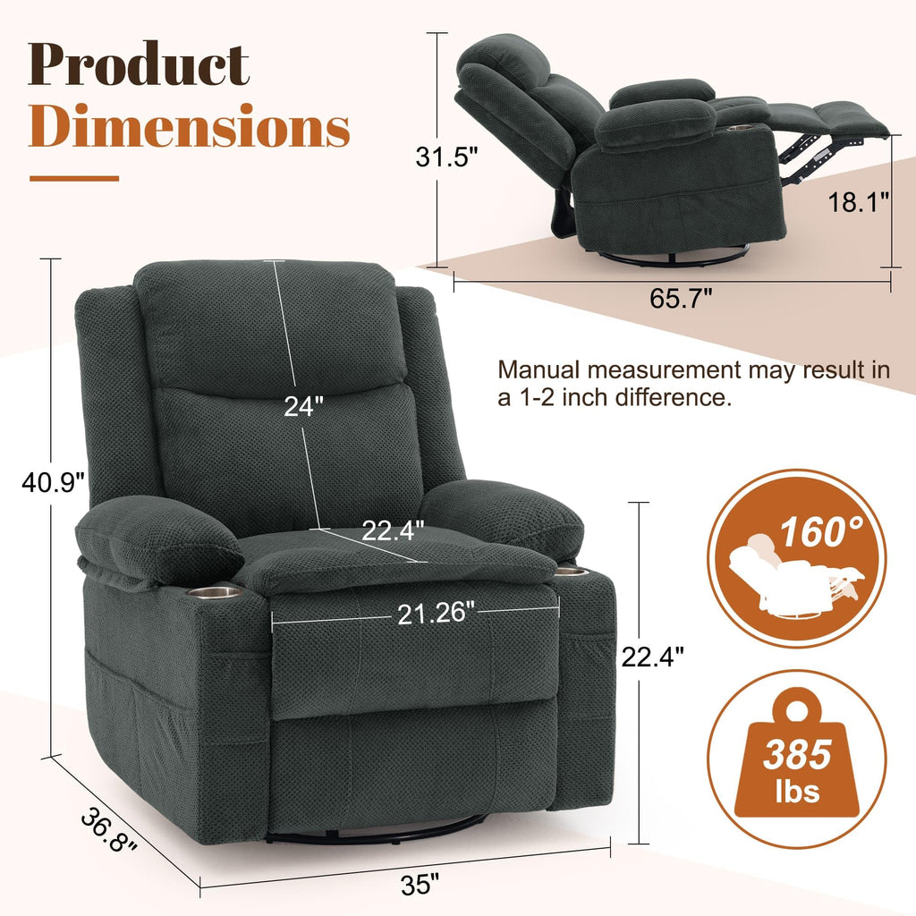 Gray Swivel Rocker Recliner with Massage & Heat D6489