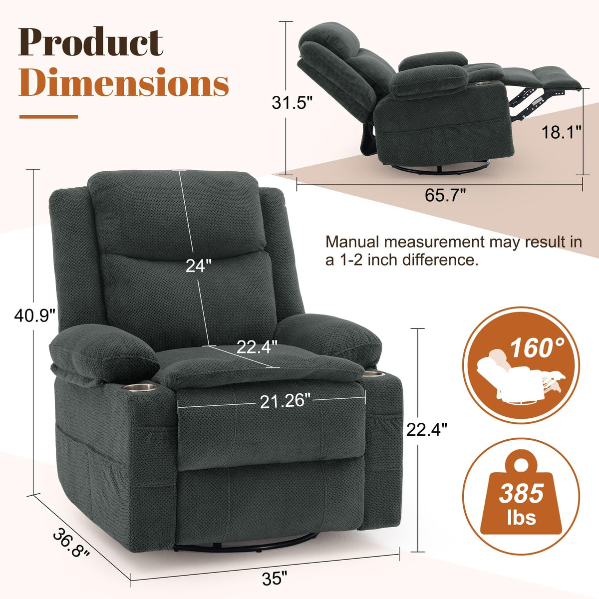 Gray Swivel Rocker Recliner with Massage & Heat D6489