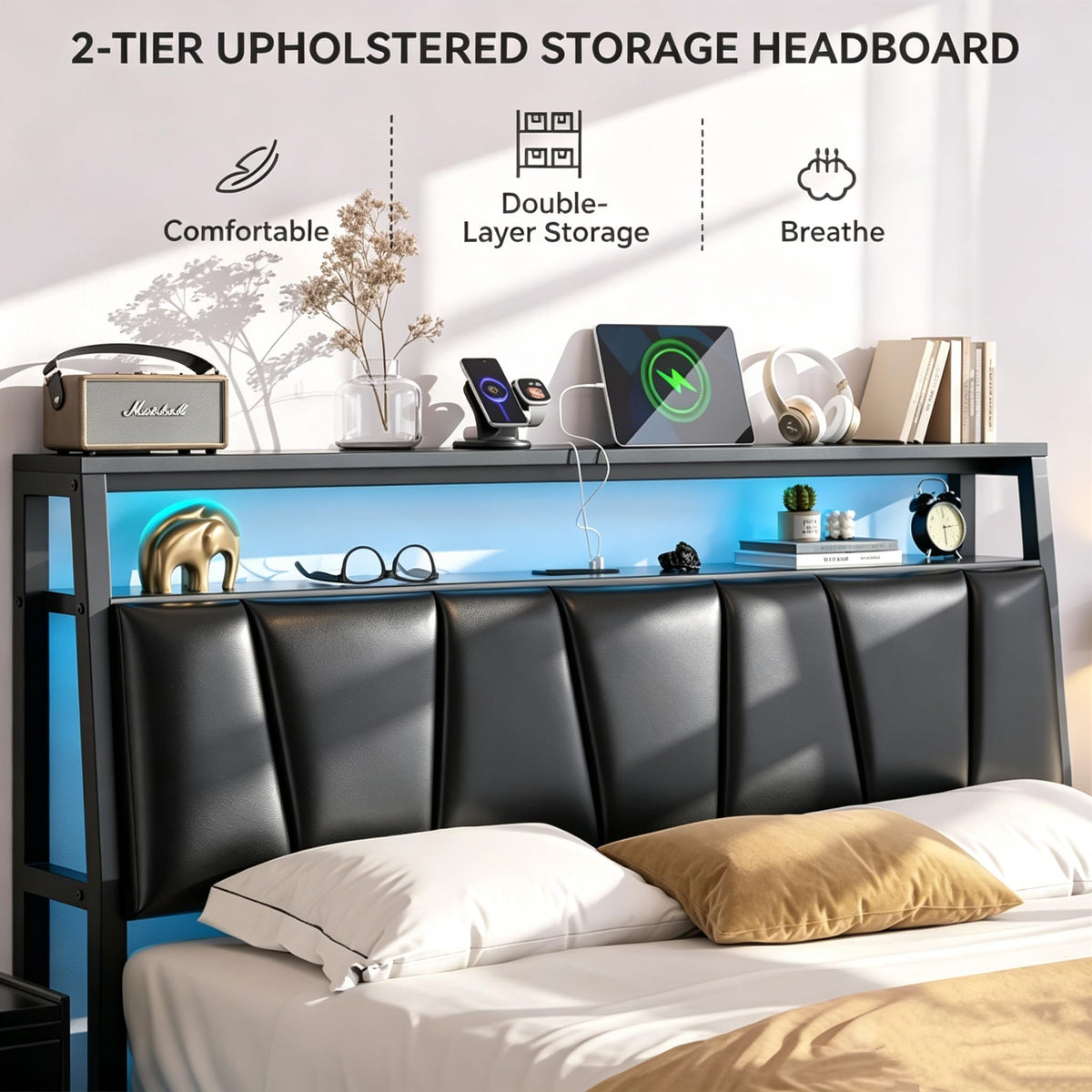 Queen Bed Frame with Storage Headboard and 2 Drawers D55271