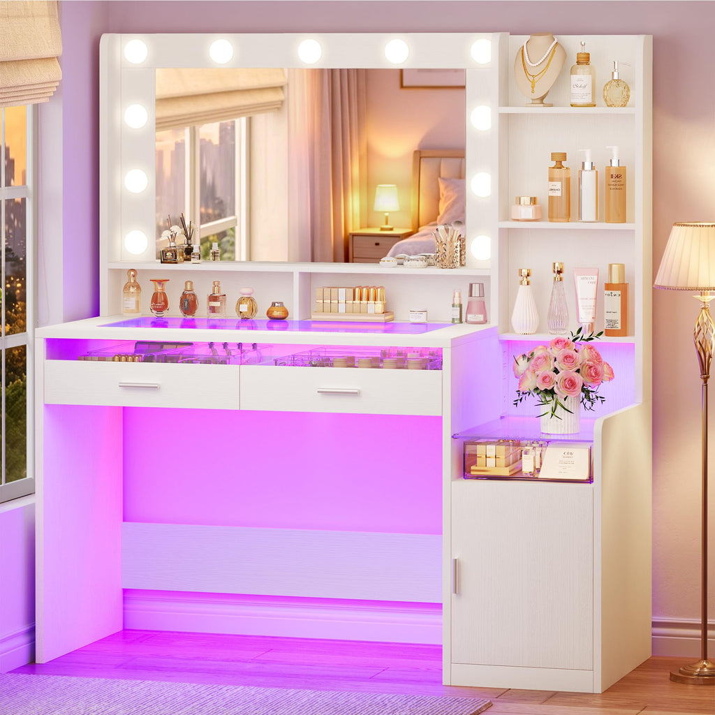 White Vanity Desk with Mirror and Lights F36159