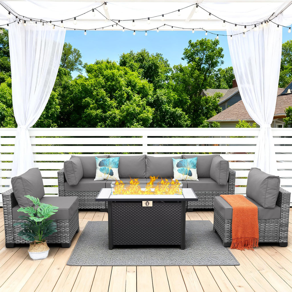 7 Pieces Wicker Patio Furniture Set with Fire Pit Table F1404