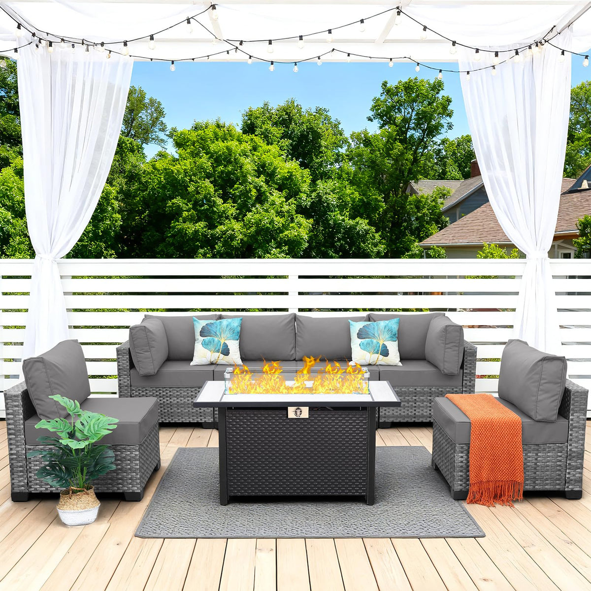 7 Pieces Wicker Patio Furniture Set with Fire Pit Table F1404