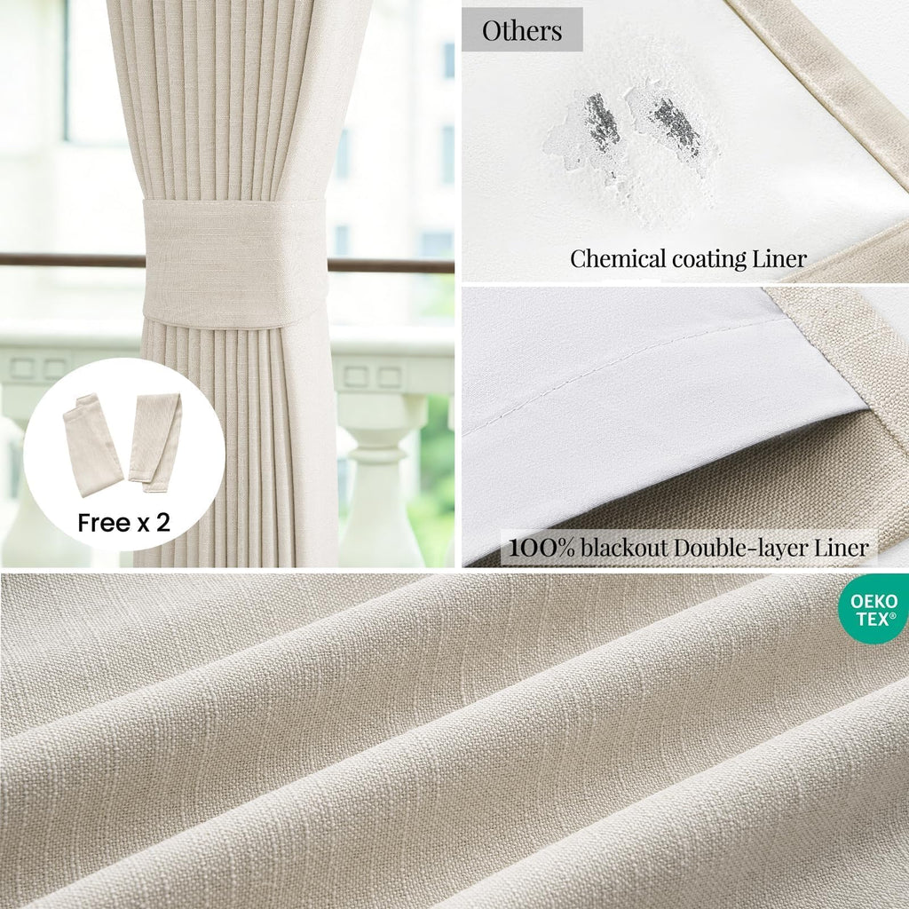 Cream Beige 96 Inch Long Blackout Linen Curtains T36152