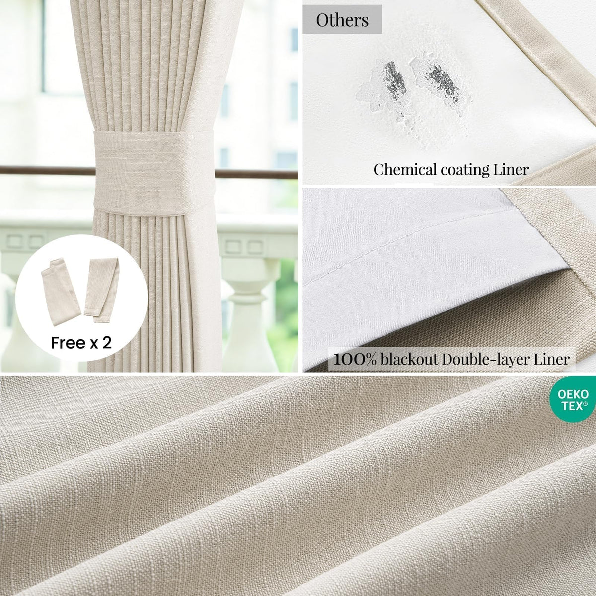 Cream Beige 96 Inch Long Blackout Linen Curtains T36152