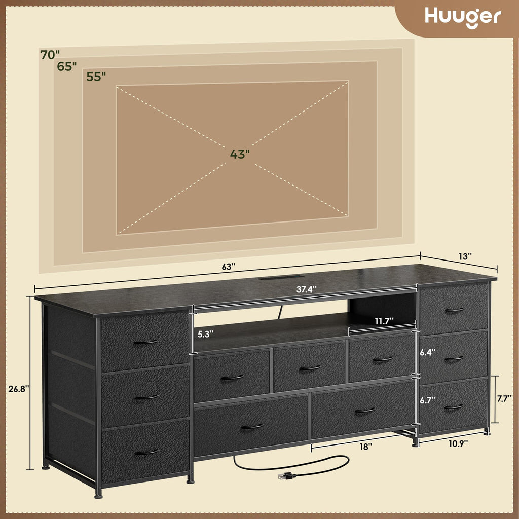 63 Inch 11 Drawer TV Stand with Power Outlets and LED Lights S2603