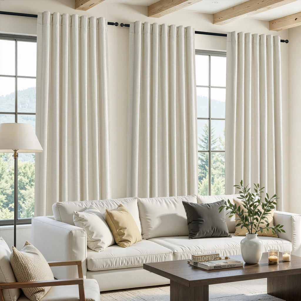 Cream Beige 96 Inch Long Blackout Linen Curtains T36152