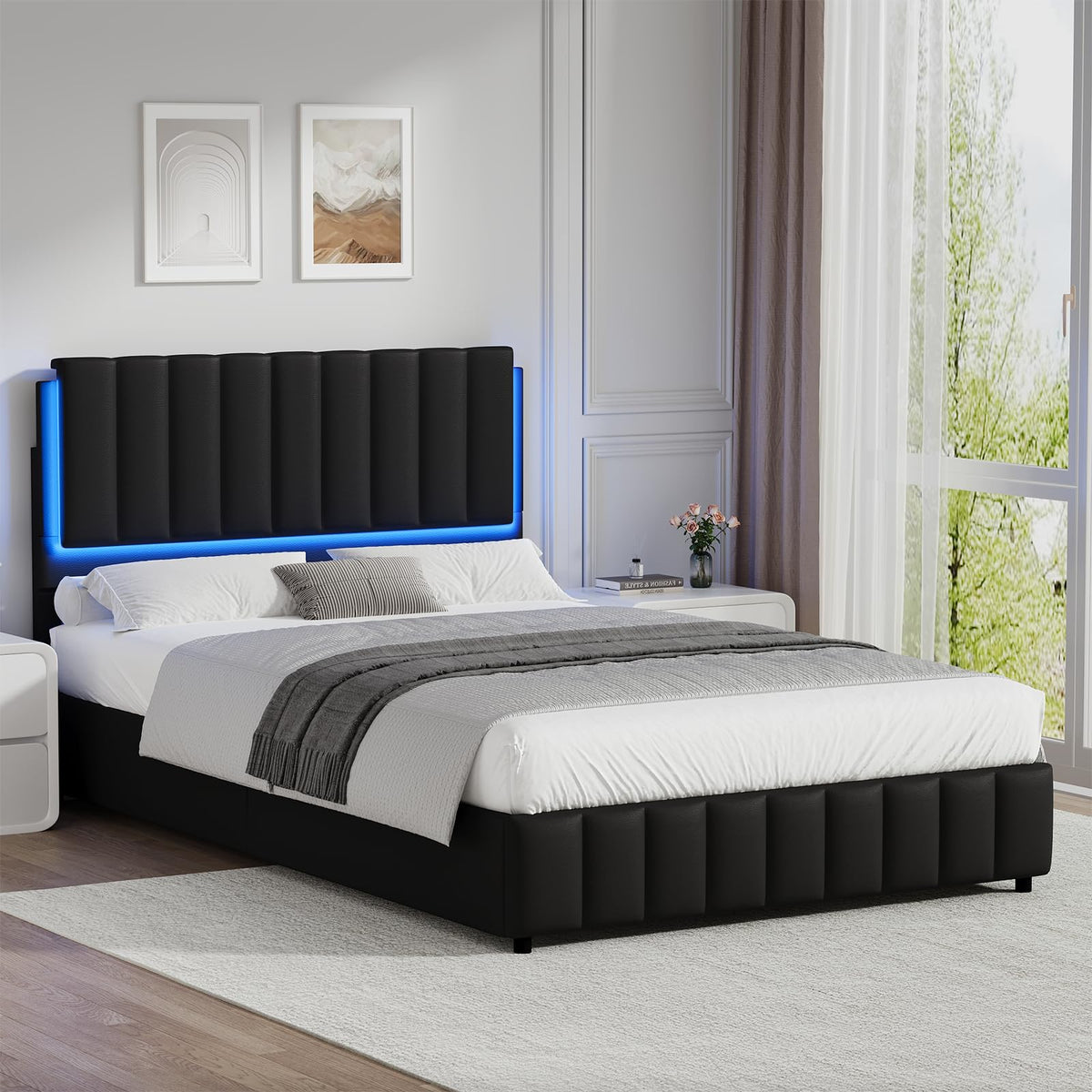 Black Faux Leather Full Size Bed Frame with Headboard W593