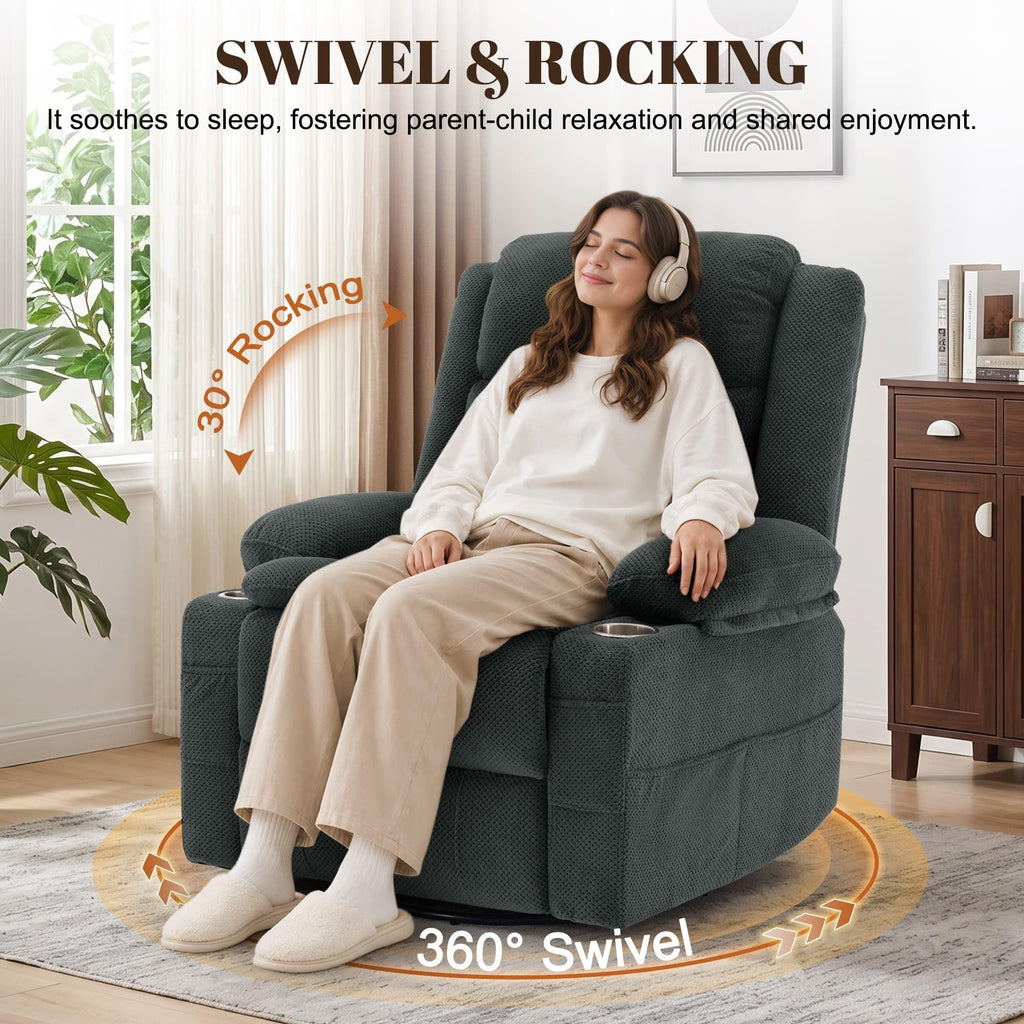 Gray Swivel Rocker Recliner with Massage & Heat D6489
