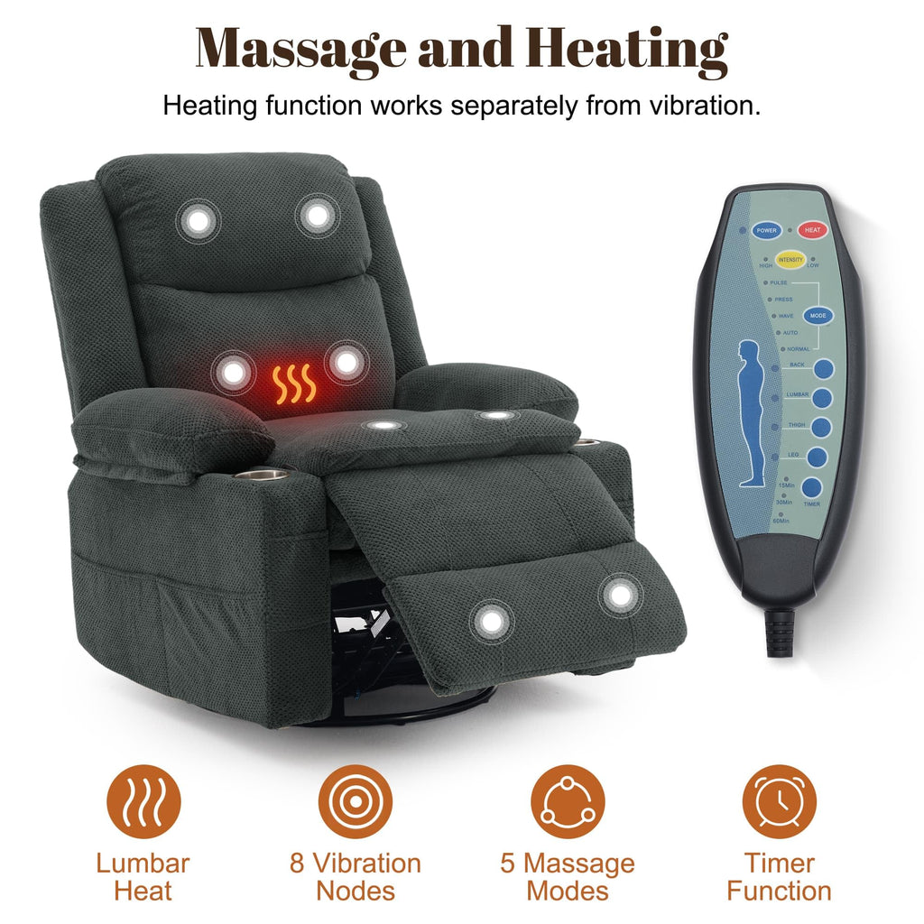 Gray Swivel Rocker Recliner with Massage & Heat D6489