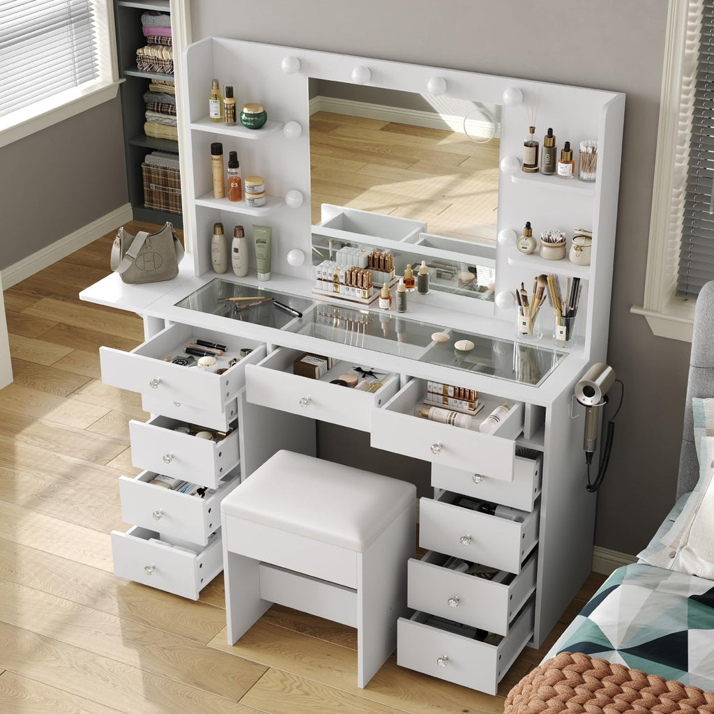 Vanity Desk with Mirror and 12 LED Lights, 11 Drawers & 4 Shelves G522