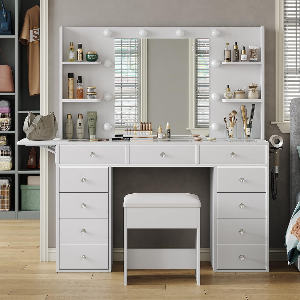 Vanity Desk with Mirror and 12 LED Lights, 11 Drawers & 4 Shelves G522
