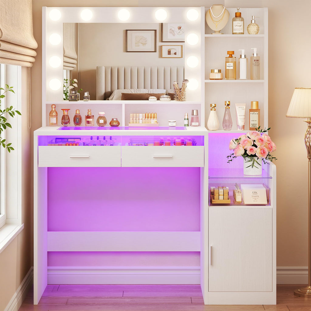 White Vanity Desk with Mirror and Lights F36159