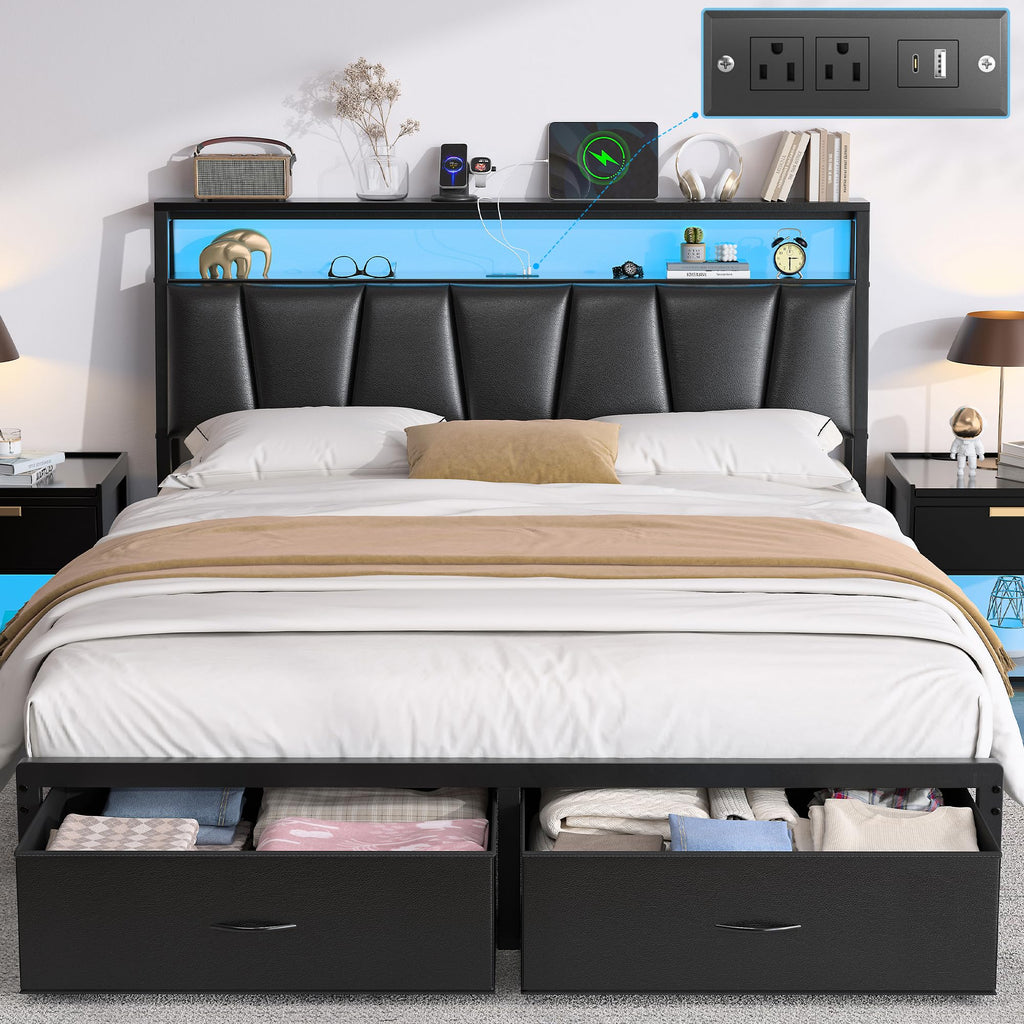Queen Bed Frame with Storage Headboard and 2 Drawers D55271
