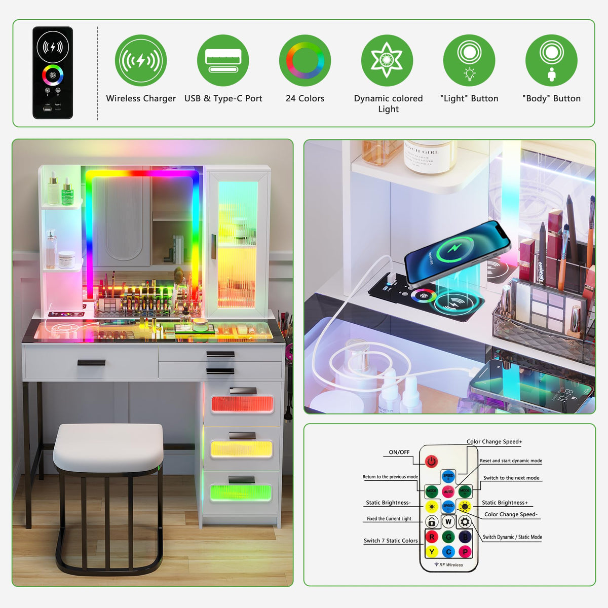 White Vanity Desk with Lighted Mirror and 6 Drawers S3071