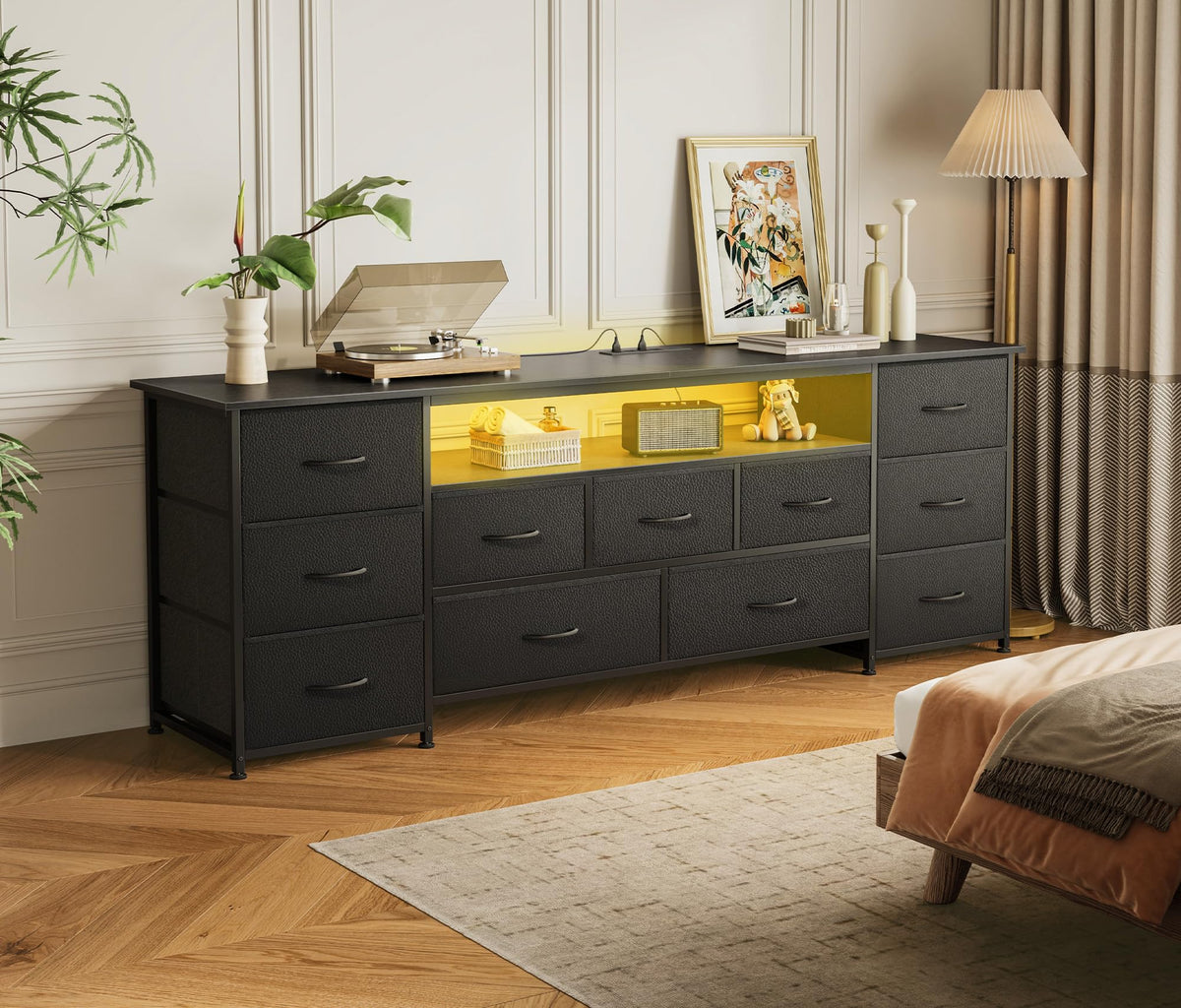 63 Inch 11 Drawer TV Stand with Power Outlets and LED Lights S2603
