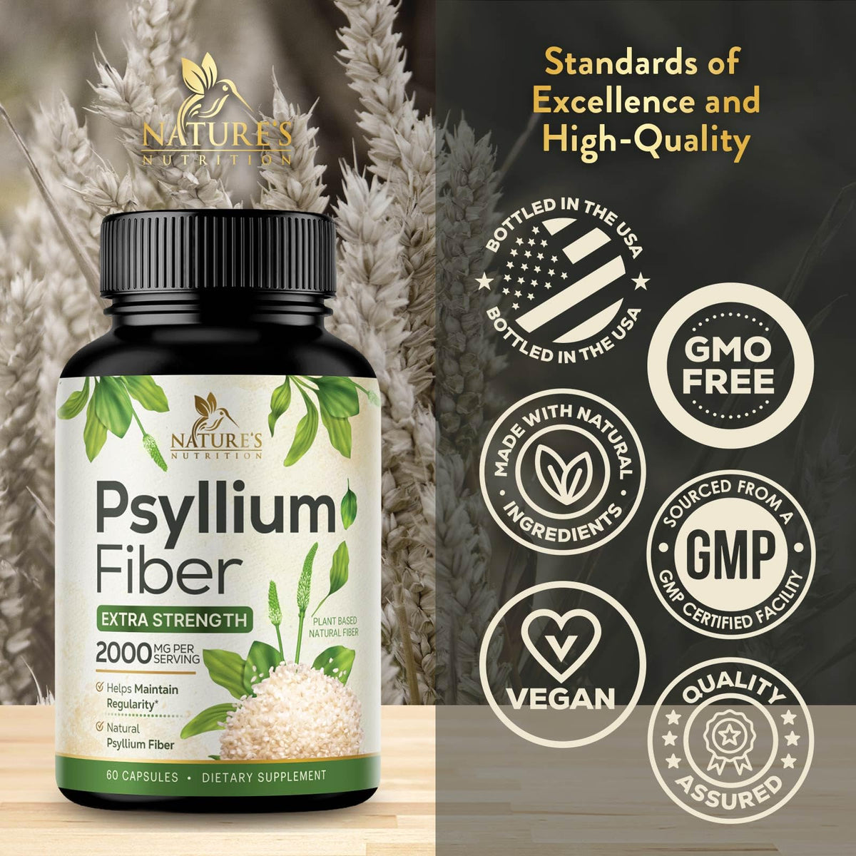 Psyllium Husk Powder 2000mg Fiber Supplement 60 Capsules D9071