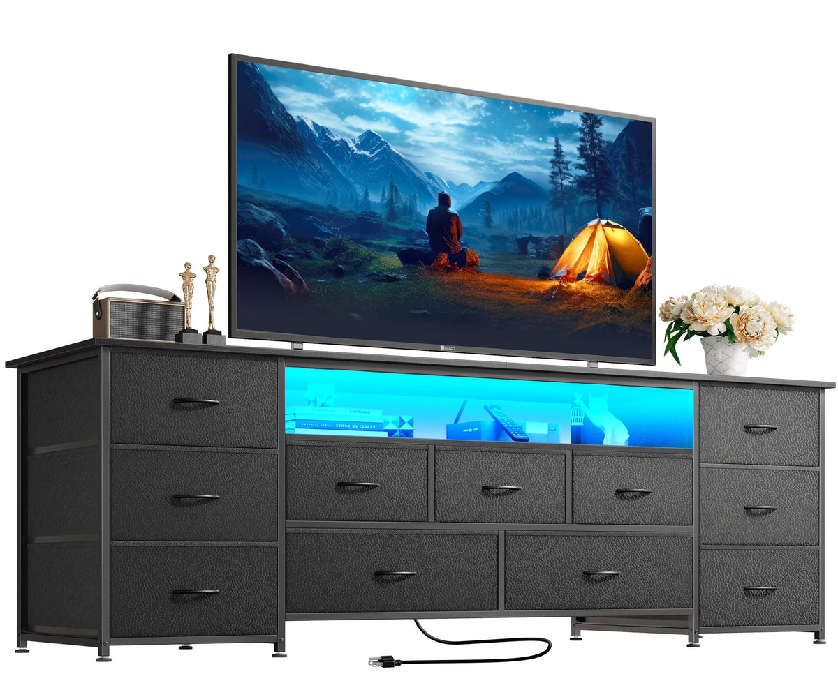 63 Inch 11 Drawer TV Stand with Power Outlets and LED Lights S2603