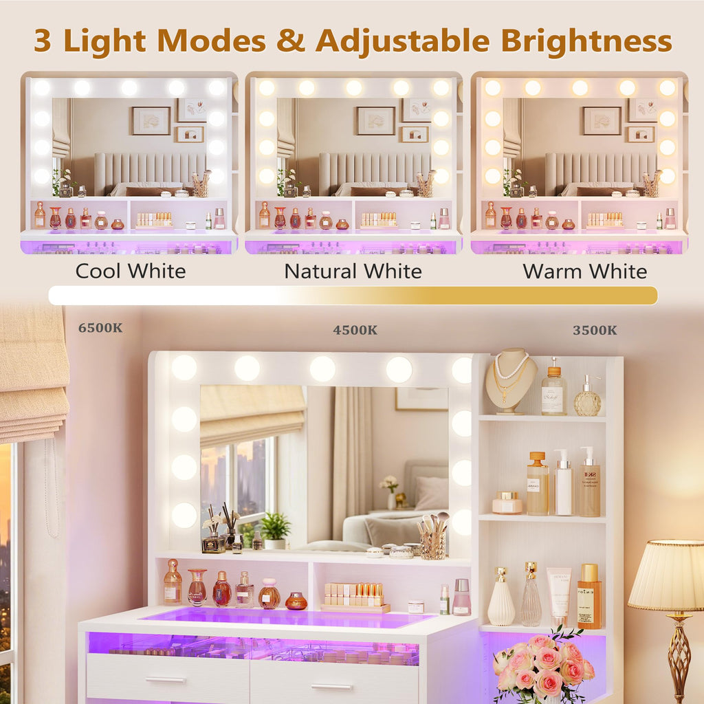 White Vanity Desk with Mirror and Lights F36159
