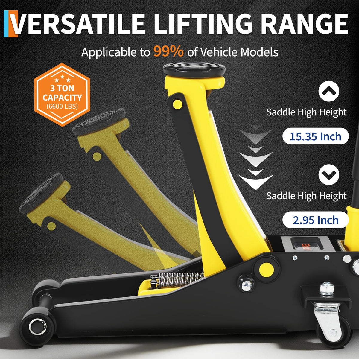 3 Ton Low Profile Hydraulic Floor Jack with Dual Piston Quick Lift Pump Steel Yellow O52012