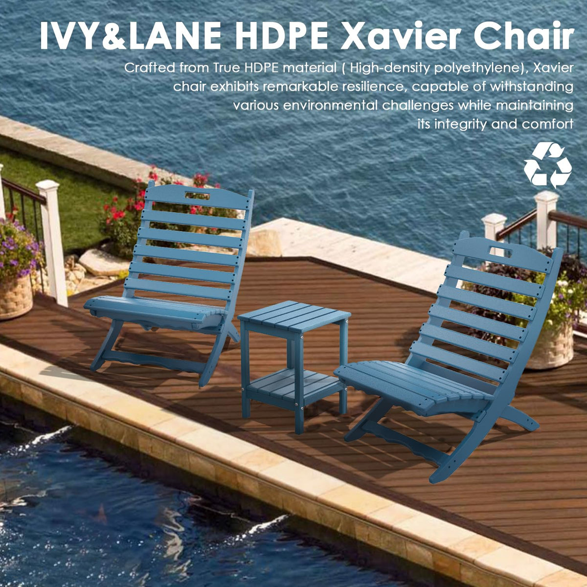 Blue HDPE Plastic Folding Adirondack Chair Set of 2 U496266