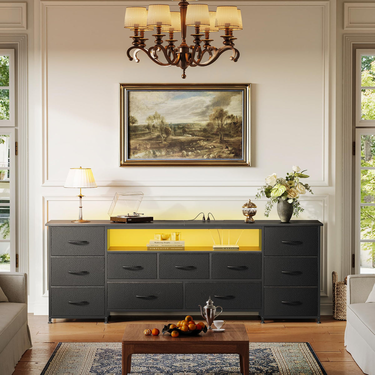 63 Inch 11 Drawer TV Stand with Power Outlets and LED Lights S2603