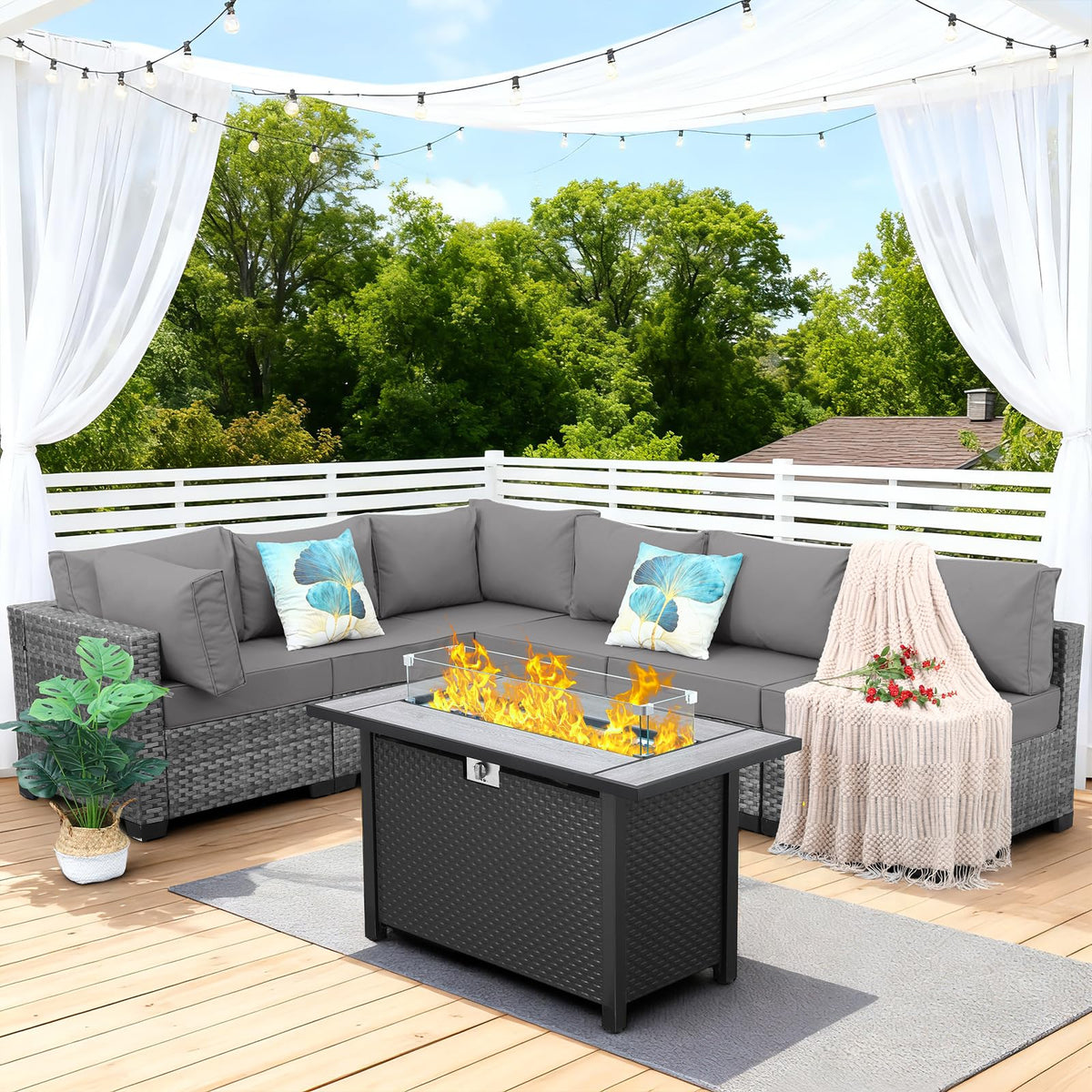 7 Pieces Wicker Patio Furniture Set with Fire Pit Table F1404