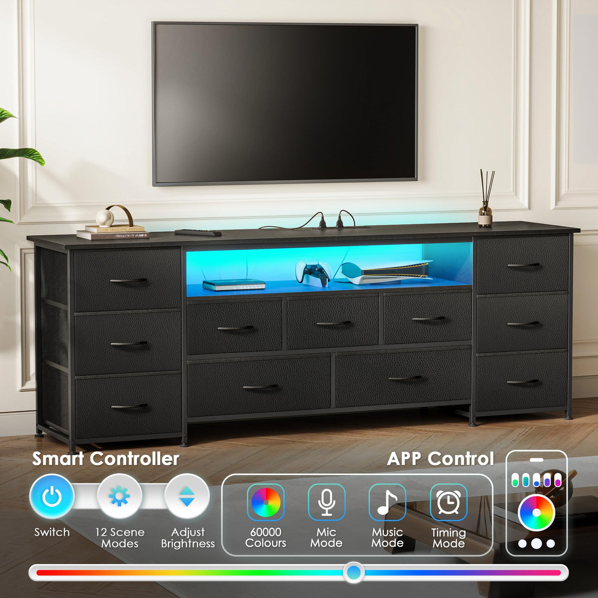 63 Inch 11 Drawer TV Stand with Power Outlets and LED Lights S2603