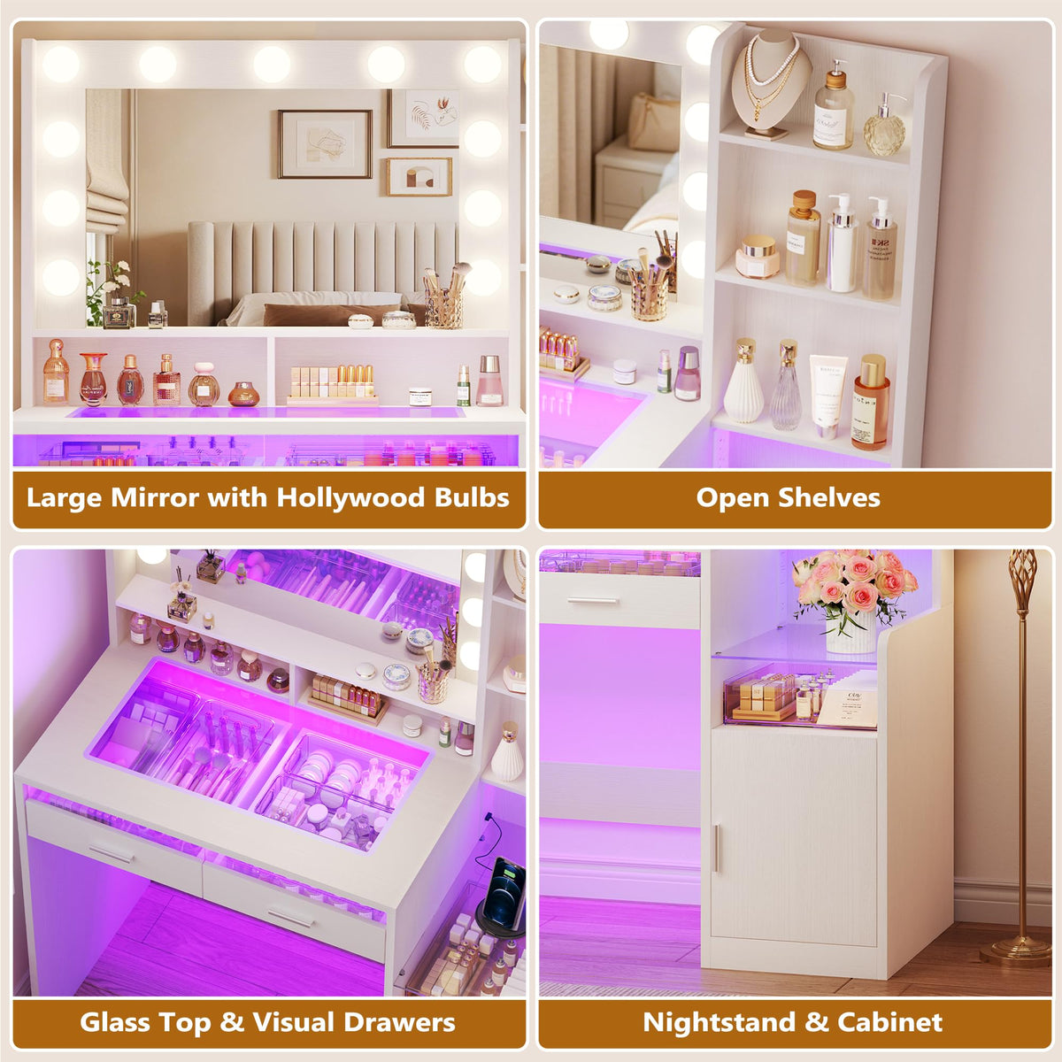 White Vanity Desk with Mirror and Lights F36159