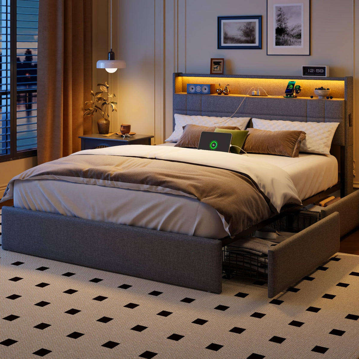 Queen Bed Frame with 4 Storage Drawers I85929