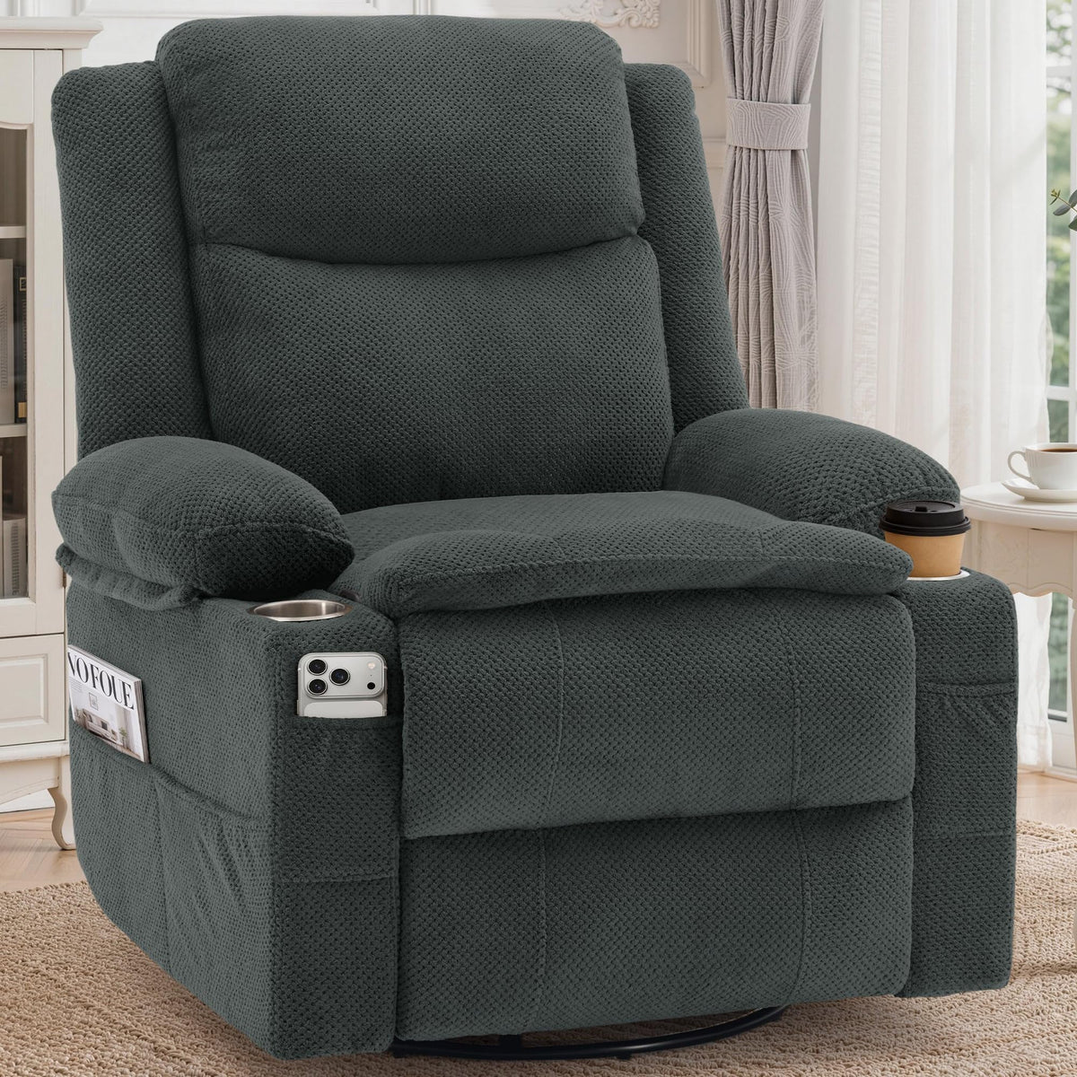 Gray Swivel Rocker Recliner with Massage & Heat D6489