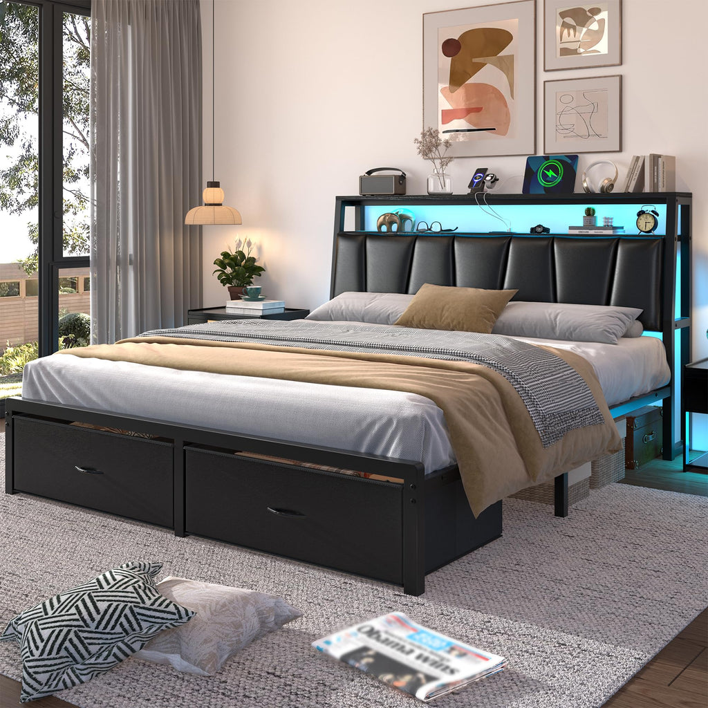 Queen Bed Frame with Storage Headboard and 2 Drawers D55271